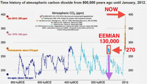CO2 changes measured in Antarctic ice cores over the last 800,000 years. CO2 levels at the last interglacial, when the elevated sea level notches formed, were around 270 ppm, much less than the current value of 400ppm. After NASA (http://www.youtube.com/watch?v=vA7tfz3k_9A&feature=player_embedded#at=203). 