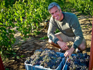 Sandor Johnson with bushels of grapes from his vineyard