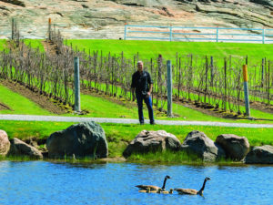 Sandor Johnson next to the water on his vineyard