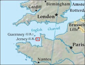 Map showing the location of Jersey in the English Channel