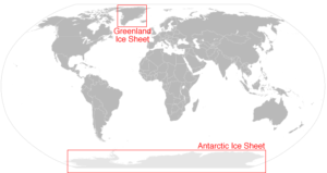 A map of the world showing  the locations of ice sheets, most of which are in Antarctica and Greenland