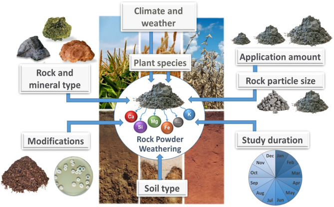 Diagram showing interactions of of silicate rock powders with different parts of the environment.