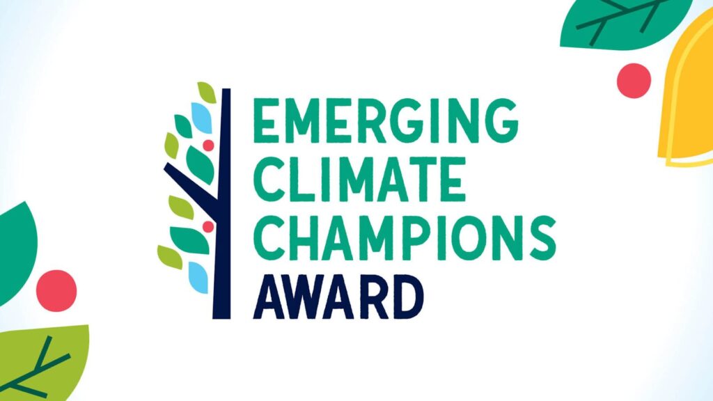Logo for emerging climate change award, featuring half of a tree next to the name